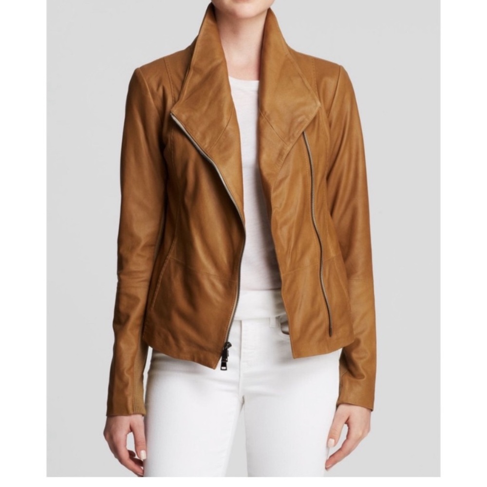 $995 Womens VINCE Scuba Distressed Tan/Brown Leather Moto Jacket Size Small
